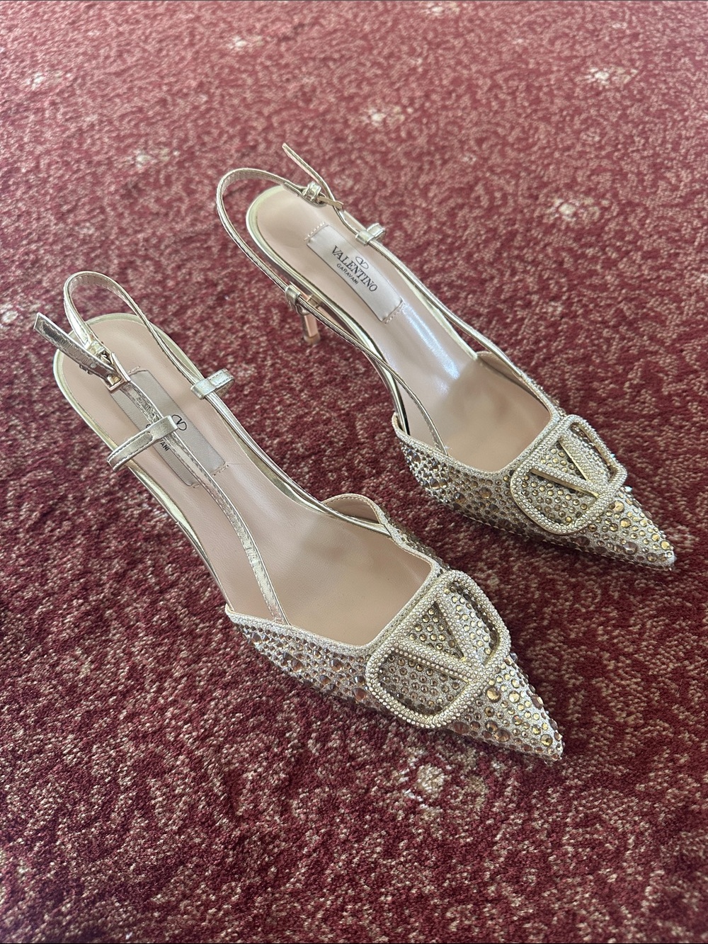 Crystal-Embellished Slingback Pumps in Metallic Gold